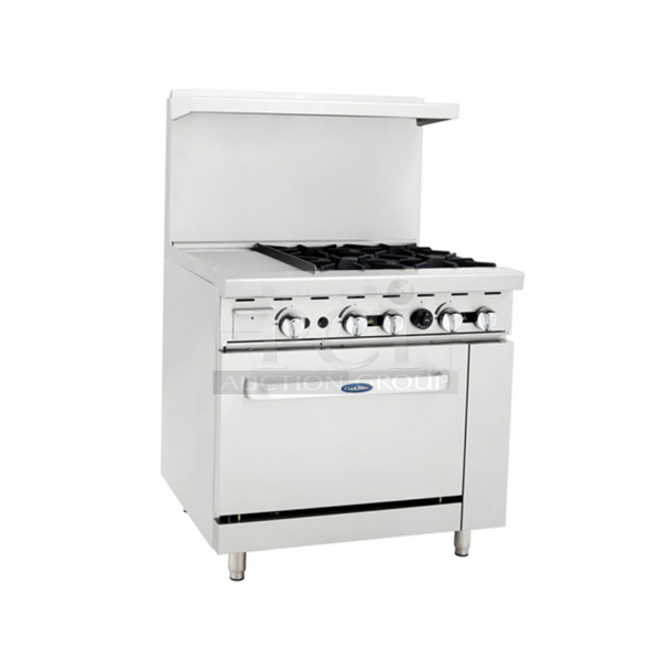 BRAND NEW! Cook Rite ATO-24G2B Stainless Steel Commercial Natural Gas Powered Flat Top Griddle w/ 4 Burner Range, Oven, Back Splash and Over Shelf. Stock Picture Used For Gallery Picture. 36x31x31