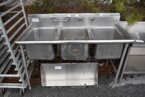 Advance Tabco Stainless Steel Commercial 3 Bay Sink w/ Handles. 59x27x46