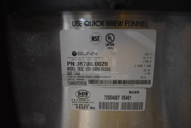 2016 Bunn TB3Q Stainless Steel Commercial Countertop Iced Tea Machine w/ Poly Brew Basket. 120 Volts, 1 Phase. 10x22x35 - Image 4 of 4