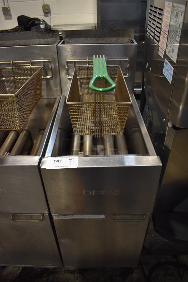 Dean SR152GP Stainless Steel Commercial Propane Gas Powered Deep Fat Fryer w/ Metal Fry Basket on Commercial Casters. 120,000 BTU. 16x30x46