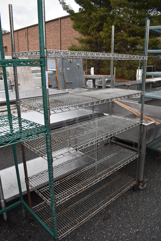 Chrome Finish 5 Tier Wire Shelving Unit on Commercial Casters. BUYER MUST DISMANTLE. PCI CANNOT DISMANTLE FOR SHIPPING. PLEASE CONSIDER FREIGHT CHARGES. 48x18x76 - Image 1 of 4