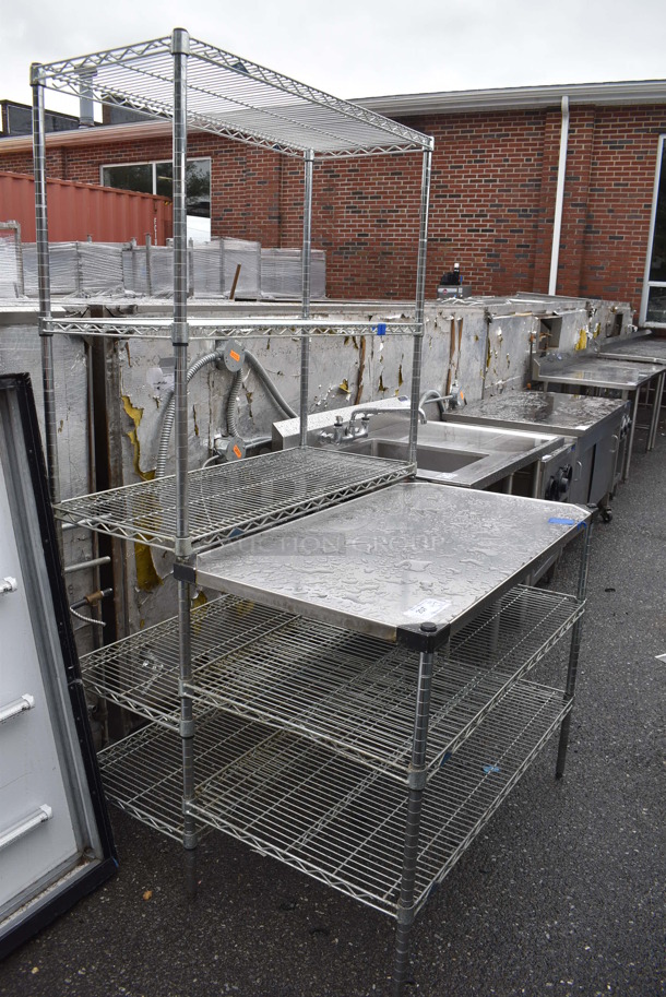 Chrome Finish 5 Tier Wire Shelving Unit w/ 3 Tier Front Wire Shelving Unit. BUYER MUST DISMANTLE. PCI CANNOT DISMANTLE FOR SHIPPING. PLEASE CONSIDER FREIGHT CHARGES. 42x41x74 - Image 1 of 3