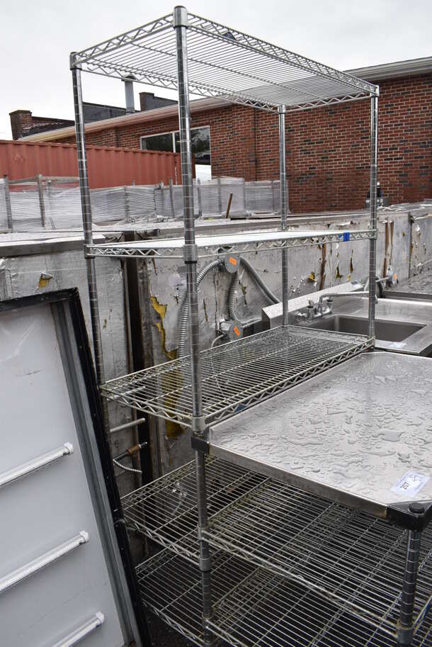 Chrome Finish 5 Tier Wire Shelving Unit w/ 3 Tier Front Wire Shelving Unit. BUYER MUST DISMANTLE. PCI CANNOT DISMANTLE FOR SHIPPING. PLEASE CONSIDER FREIGHT CHARGES. 42x41x74 - Image 3 of 3