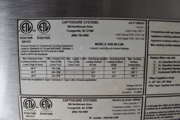 10' CaptiveAire 5430 ND-2-BR Stainless Steel Commercial Grease Hood. 132x31x55 - Image 8 of 8