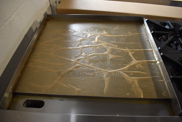 BRAND NEW! Cook Rite ATO-24G2B Stainless Steel Commercial Natural Gas Powered Flat Top Griddle w/ 2 Burner Range, Oven, Back Splash and Over Shelf. Stock Picture Used For Gallery Picture. 36x31x31 - Image 3 of 10