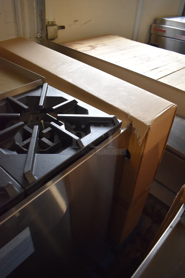 BRAND NEW! Cook Rite ATO-24G2B Stainless Steel Commercial Natural Gas Powered Flat Top Griddle w/ 2 Burner Range, Oven, Back Splash and Over Shelf. Stock Picture Used For Gallery Picture. 36x31x31 - Image 10 of 10