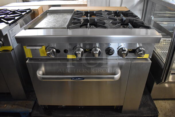 BRAND NEW! Cook Rite ATO-24G2B Stainless Steel Commercial Natural Gas Powered Flat Top Griddle w/ 4 Burner Range, Oven, Back Splash and Over Shelf. Stock Picture Used For Gallery Picture. 36x31x31 - Image 2 of 11