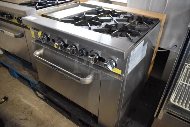 BRAND NEW! Cook Rite ATO-24G2B Stainless Steel Commercial Natural Gas Powered Flat Top Griddle w/ 4 Burner Range, Oven, Back Splash and Over Shelf. Stock Picture Used For Gallery Picture. 36x31x31 - Image 3 of 11