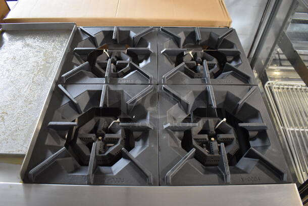 BRAND NEW! Cook Rite ATO-24G2B Stainless Steel Commercial Natural Gas Powered Flat Top Griddle w/ 4 Burner Range, Oven, Back Splash and Over Shelf. Stock Picture Used For Gallery Picture. 36x31x31 - Image 4 of 11