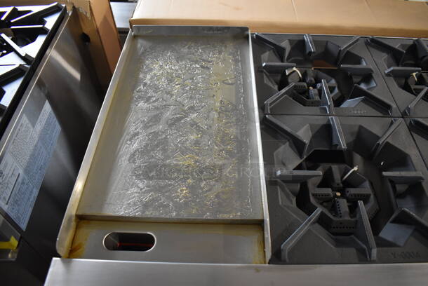 BRAND NEW! Cook Rite ATO-24G2B Stainless Steel Commercial Natural Gas Powered Flat Top Griddle w/ 4 Burner Range, Oven, Back Splash and Over Shelf. Stock Picture Used For Gallery Picture. 36x31x31 - Image 5 of 11