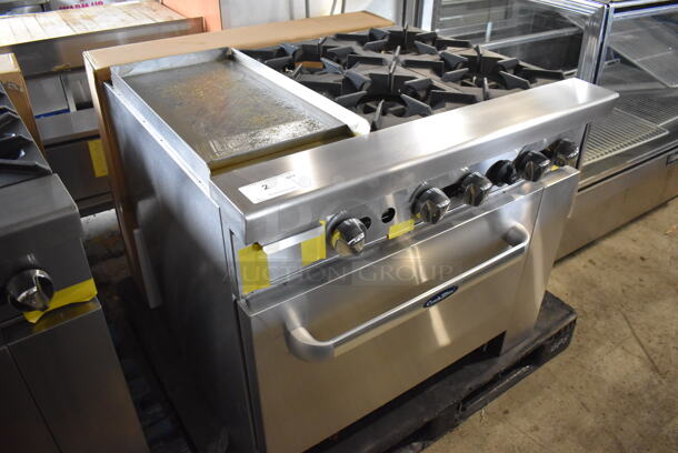 BRAND NEW! Cook Rite ATO-24G2B Stainless Steel Commercial Natural Gas Powered Flat Top Griddle w/ 4 Burner Range, Oven, Back Splash and Over Shelf. Stock Picture Used For Gallery Picture. 36x31x31 - Image 6 of 11