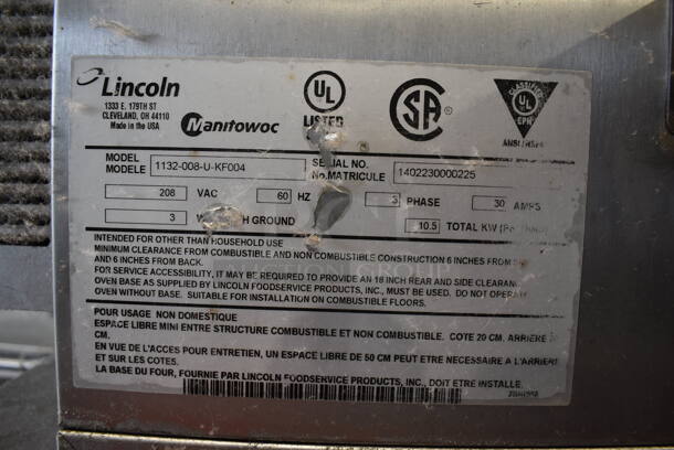 2 2014 Lincoln Impinger 1132-008-U-KF004 Stainless Steel Commercial Electric Powered Conveyor Pizza Oven on Stainless Steel Table w/ Commercial Casters. 208 Volts, 3 Phase. 55x44x69. 2 Times Your Bid! - Image 4 of 10