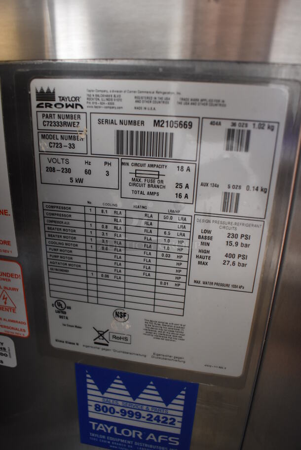 2012 Taylor C723-33 Stainless Steel Commercial Floor Style Water Cooled 2 Flavor Soft Serve Ice Cream Machine on Commercial Casters. 208-230 Volts, 3 Phase. 23x35x56 - Image 6 of 7