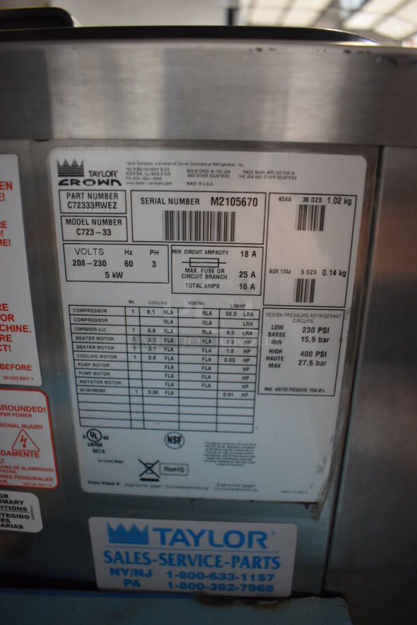 2012 Taylor C723-33 Stainless Steel Commercial Floor Style Water Cooled 2 Flavor Soft Serve Ice Cream Machine on Commercial Casters. 208-230 Volts, 3 Phase. 23x35x56 - Image 4 of 8