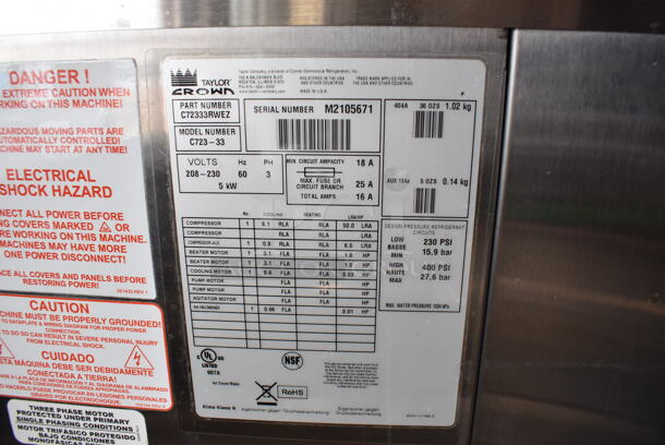 2012 Taylor C723-33 Stainless Steel Commercial Floor Style Water Cooled 2 Flavor Soft Serve Ice Cream Machine on Commercial Casters. 208-230 Volts, 3 Phase. 23x35x56 - Image 6 of 9