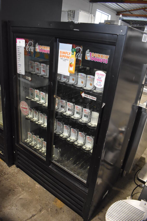 2012 True GDM-33CPT-EM-LD Metal Commercial 2 Door Reach In Pass Through Cooler Merchandiser w/ Poly Coated Racks and Drink Sliders. 115 Volts, 1 Phase. 40x24x60. Tested and Working! - Image 1 of 6