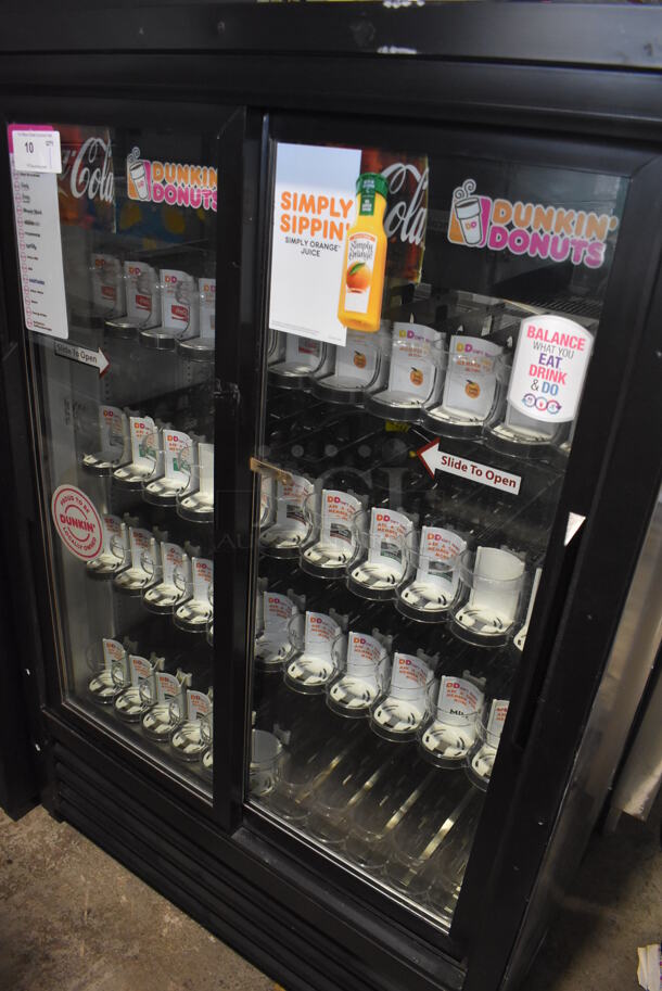2012 True GDM-33CPT-EM-LD Metal Commercial 2 Door Reach In Pass Through Cooler Merchandiser w/ Poly Coated Racks and Drink Sliders. 115 Volts, 1 Phase. 40x24x60. Tested and Working! - Image 2 of 6