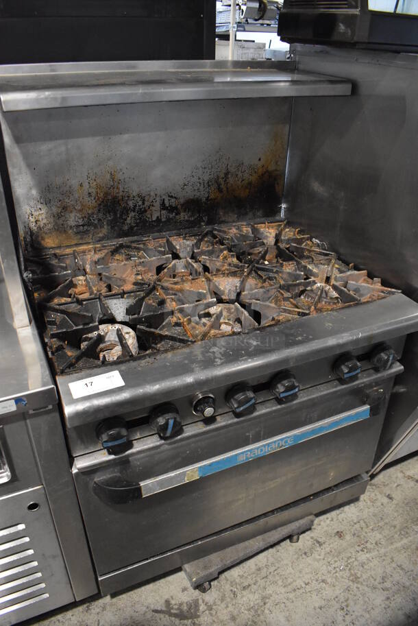 Radiance Stainless Steel Commercial Natural Gas Powered 6 Burner Range w/ Oven, Over Shelf and Back Splash. 36x30x58 - Image 1 of 7