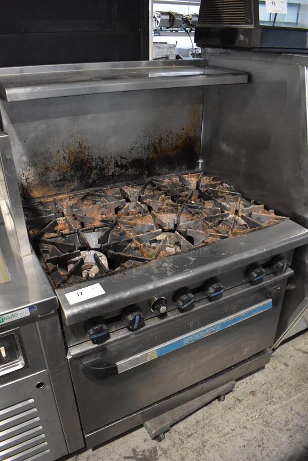 Radiance Stainless Steel Commercial Natural Gas Powered 6 Burner Range w/ Oven, Over Shelf and Back Splash. 36x30x58 - Image 2 of 7