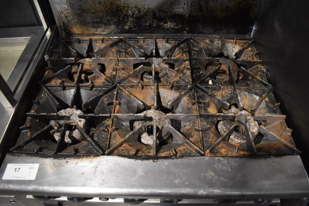 Radiance Stainless Steel Commercial Natural Gas Powered 6 Burner Range w/ Oven, Over Shelf and Back Splash. 36x30x58 - Image 3 of 7