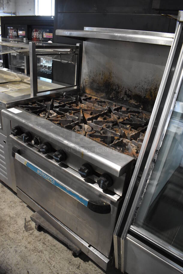 Radiance Stainless Steel Commercial Natural Gas Powered 6 Burner Range w/ Oven, Over Shelf and Back Splash. 36x30x58 - Image 7 of 7