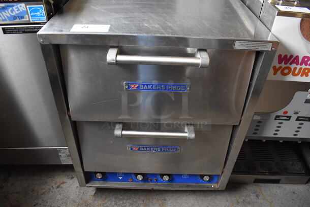 Bakers Pride P-44 Stainless Steel Commercial Electric Powered Double Deck Pizza Oven w/ Cooking Stones. 208 Volts. 26x28x32.5