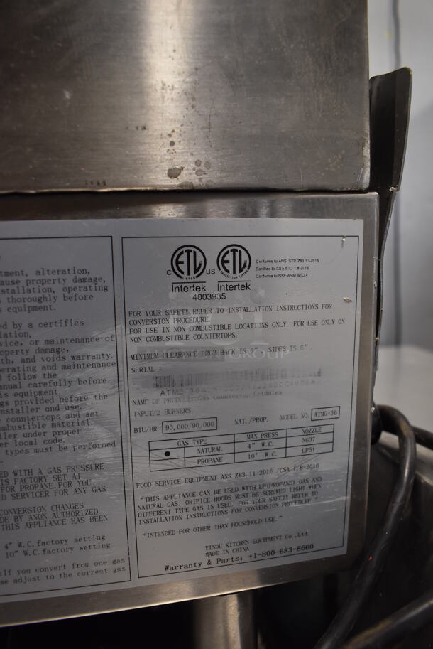 LIKE NEW! Cook Rite ATMG-36 Stainless Steel Commercial Countertop Natural Gas Powered Flat Top Griddle. 36x29x16 - Image 5 of 5