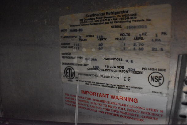 Continental SW48-SS Stainless Steel Commercial 2 Door Work Top Cooler on Commercial Casters. 115 Volts, 1 Phase. 48x30x40. Tested and Working! - Image 6 of 6