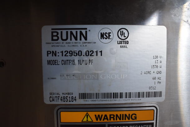 2012 Bunn CWTF15 Stainless Steel Commercial 2 Burner Coffee Machine w/ Hot Water Dispenser, Poly Brew Basket and Coffee Pot. 120 Volts, 1 Phase. 8x21x20 - Image 4 of 5