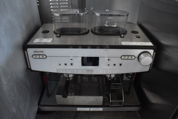 Schaerer Barista Stainless Steel Commercial Countertop 2 Group Espresso Machine w/ 2 Portafilters, 2 Steam Wands and 2 Hoppers. 208 Volts, 1 Phase. 29x23x31 - Image 1 of 6