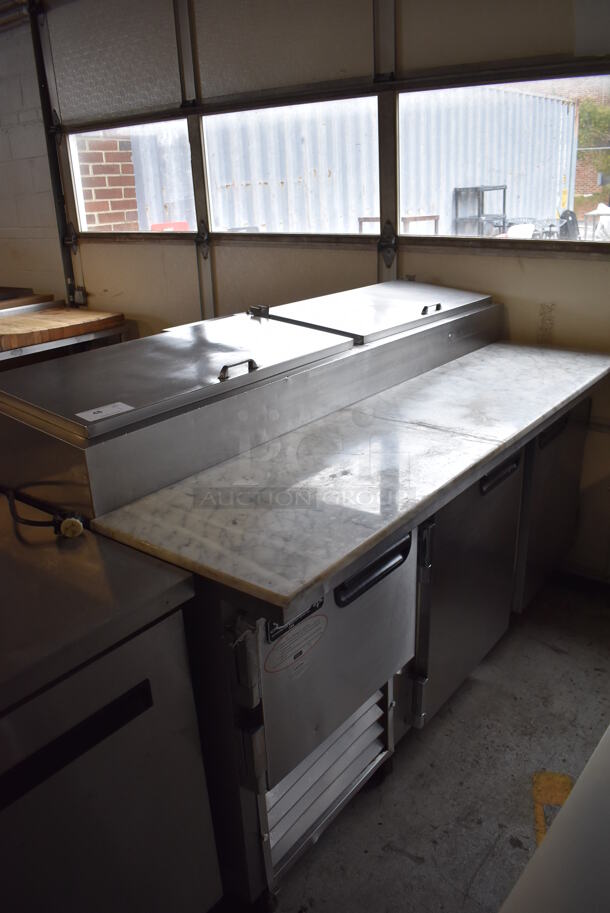Leader Stainless Steel Commercial Pizza Prep Table w/ Oversized Marble Cutting Board on Commercial Casters. 72x36x46. Tested and Powers On But Does Not Get Cold
