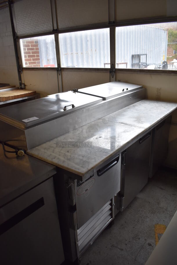 Leader Stainless Steel Commercial Pizza Prep Table w/ Oversized Marble Cutting Board on Commercial Casters. 72x36x46. Tested and Powers On But Does Not Get Cold - Image 1 of 11