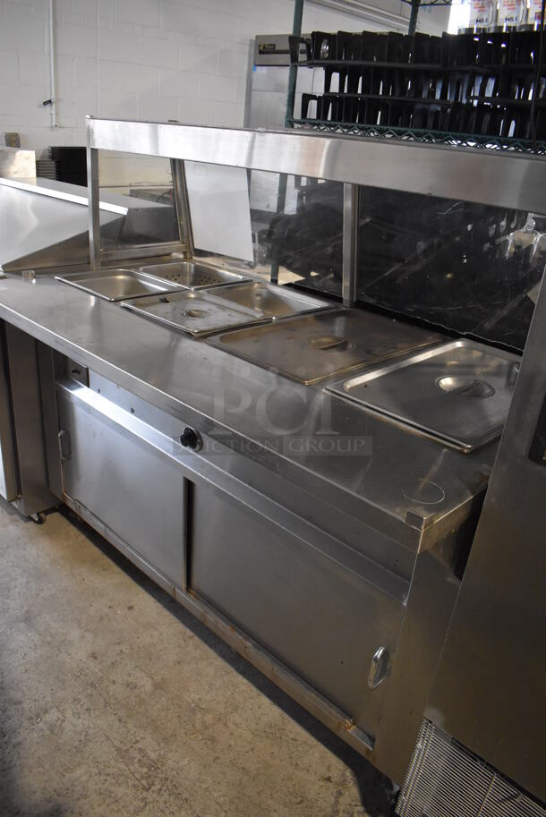 Stainless Steel Commercial Steam Table w/ Sneeze Guard and 2 Lower Doors on Commercial Casters. 208-250 Volts, 1 Phase. 60x32x56