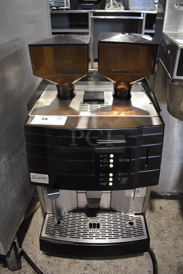 Schaerer Verismo 701 Metal Commercial Countertop Automatic Espresso Machine w/ 2 Hoppers. Missing 1 Lid. 208-240 Volts, 1 Phase. 17x19x32