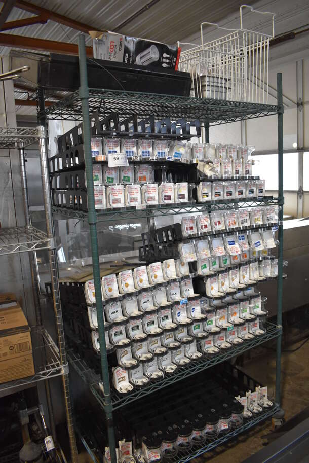 ALL ONE MONEY! Shelving Unit Lot of Various Items Including Drink Sliders. Does Not Include Shelving Unit. - Image 1 of 5