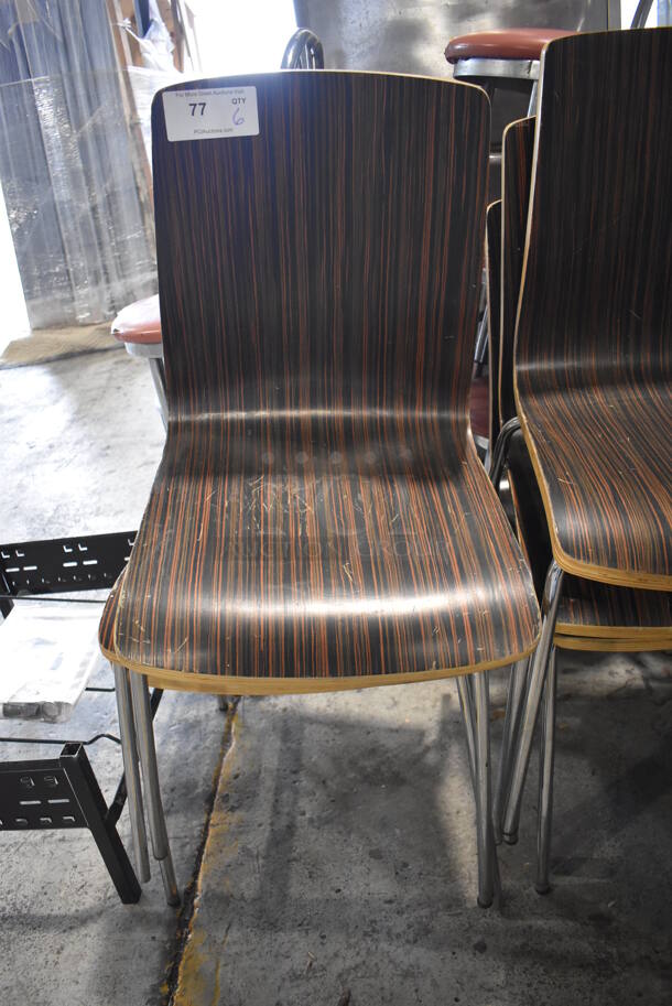 6 Wood Pattern Dining Chairs on Metal Legs. 17x17x35. 6 Times Your Bid!
