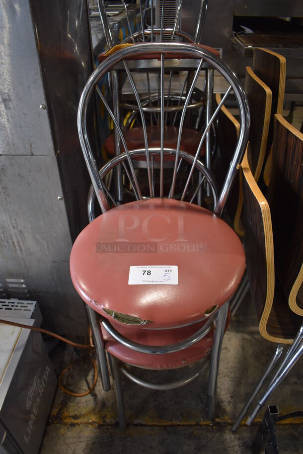 5 Metal Dining Chairs w/ Red Seat Cushion. 17x17x35. 6 Times Your Bid!