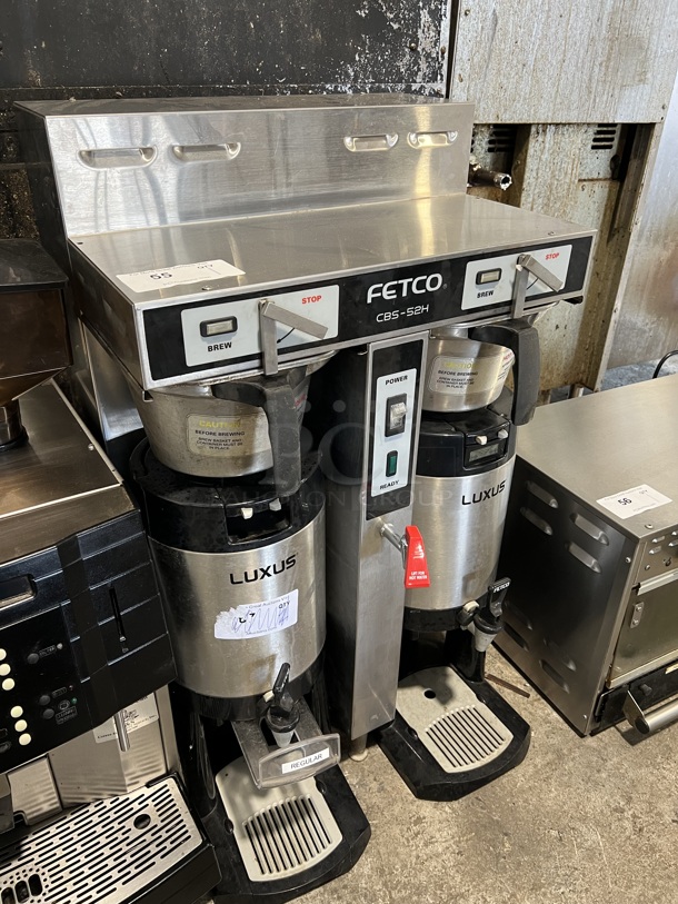 Fetco CBS-52H15 Stainless Steel Commercial Countertop Dual Coffee Machine w/ Hot Water Dispenser and 2 Metal Brew Baskets and 2 Servers. 120/208-240 Volts, 1 Phase. 21x17x37 - Image 2 of 5