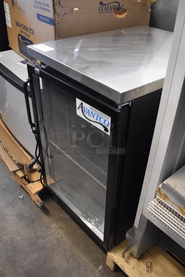 BRAND NEW SCRATCH AND DENT! Avantco 178UBB1GHC Black Metal Single Door Back Bar Cooler Merchandiser on Commercial Casters. 115 Volts, 1 Phase. Tested and Working!
