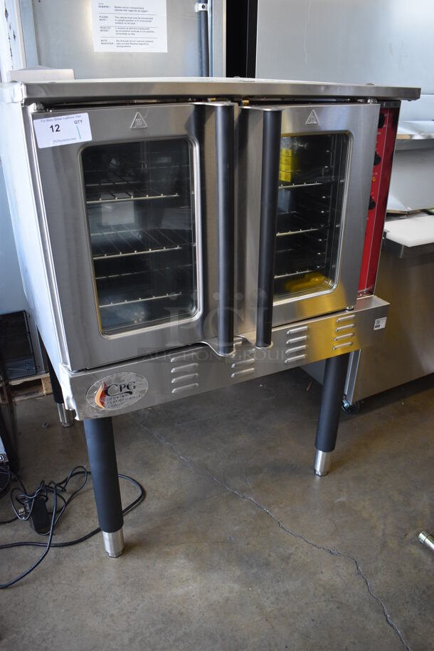 BRAND NEW SCRATCH AND DENT! Cooking Performance Group 351FGC-100-DDN Stainless Steel Commercial Natural Gas Powered Deep Depth Single Deck Full Size Convection Oven w/ View Through Doors, Metal Oven Racks and Thermostatic Controls on Legs. 60,000 BTU.