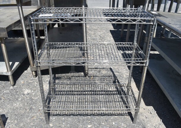 Chrome Finish 3 Tier Wire Shelving Unit. BUYER MUST DISMANTLE. PCI CANNOT DISMANTLE FOR SHIPPING. PLEASE CONSIDER FREIGHT CHARGES.
