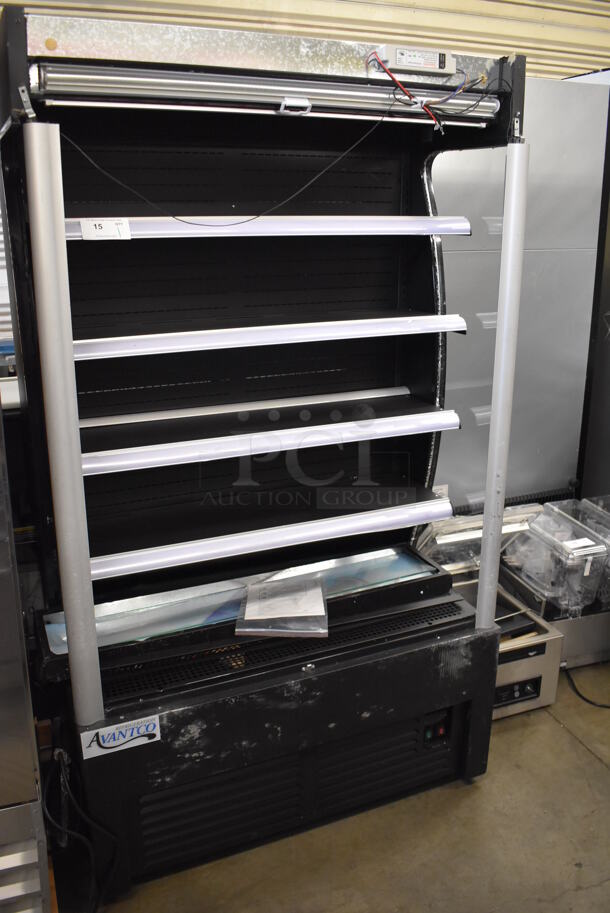 BRAND NEW SCRATCH AND DENT! Avantco 189BVAC46HC Black Metal Commercial Open Grab N Go Refrigerated Air Curtain Merchandiser w/ Metal Shelves. Side Glass Panels Are Broken; See Pictures For Details. 110-120 Volts, 1 Phase. Tested and Powers On But Does Not Get Cold