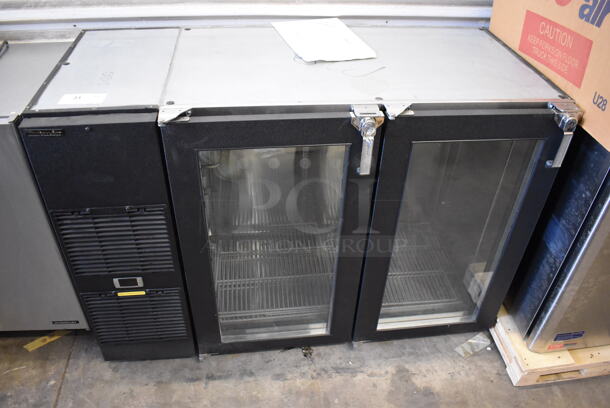 LIKE NEW! Glastender AM-50BAE Stainless Steel Commercial 2 Door Back Bar Cooler Merchandiser w/ Poly Coated Racks. 120 Volts, 1 Phase. Unit Has Only Been Used a Few Times! Tested and Working!