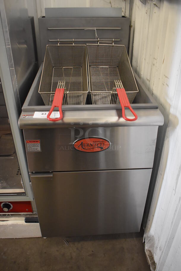 LIKE NEW! 2022 Avantco 177FF100N Stainless Steel Commercial Floor Style Natural Gas 70-100 Pound Capacity Deep Fat Fryer w/ 2 Metal Fry Baskets on Commercial Casters. 150,000 BTU. Unit Has Only Been Used a Few Times! Tested and Working!