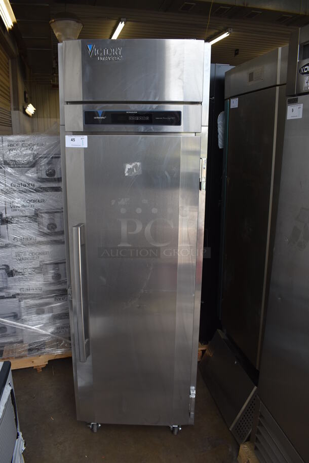 	BRAND NEW SCRATCH AND DENT! Victory RS-1D-R1-448186APS3C Stainless Steel Commercial Single Door Reach In Cooler on Commercial Casters. 115 Volts, 1 Phase. Cannot Test - Unit Is Set Up For Hardwire