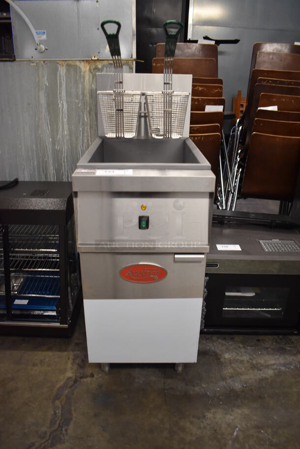 LIKE NEW! 2022 Avantco 177EF40C Stainless Steel Commercial Floor Style Electric Powered Floor Style Deep Fat Fryer w/ 2 Metal Fry Baskets. 208 Volts, 3 Phase. Unit Has Only Been Used a Few Times! Tested and Working!