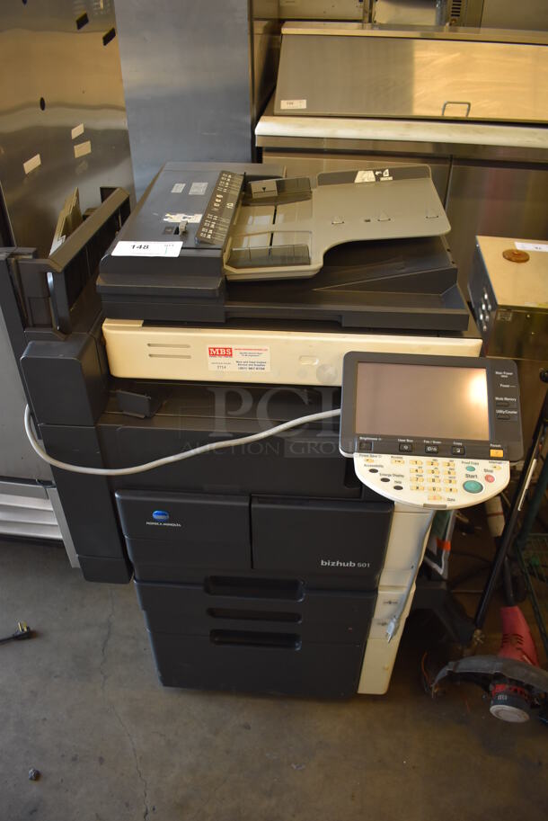 Konica Minolta Bizhub 501 Metal Floor Style Copier Printer Machine on Casters. 120 Volts, 1 Phase.