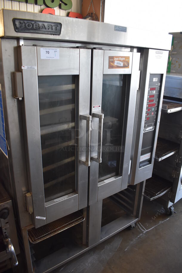 Baxter HO300E Stainless Steel Commercial Floor Style Electric Powered Mini Rotating Rack Oven w/ Pan Rack on Commercial Casters. 208 Volts, 3 Phase.