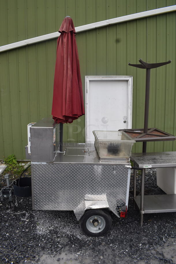 Metal Commercial Hot Dog Cart w/ Trailer Attachment and Patio Umbrella