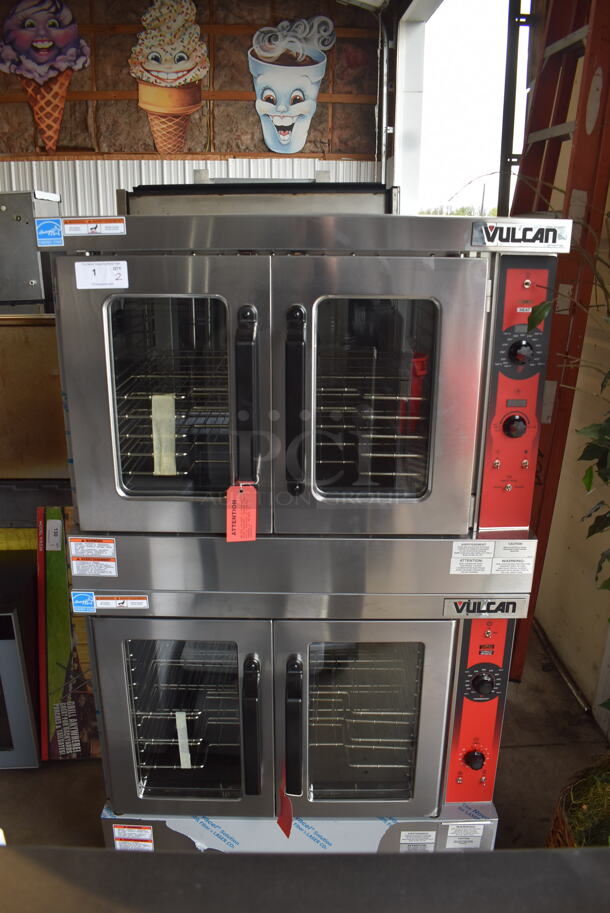 BRAND NEW! 2 Vulcan Electric Powered VC5ED/VC4ED Two Door Double Stack Convection Oven With Metal Racks on Commercial Casters. Tested and Working! 208 Volts and 240 Volts 1 or 3 Phase. 2 Times Your Bid!